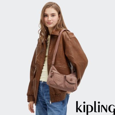 Kipling 棕色植絨老花彎月側背包-KENDA