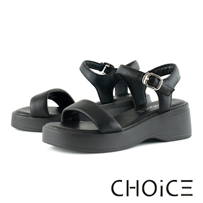 CHOiCE 雲朵澎澎羊皮一字帶厚底涼鞋 黑色
