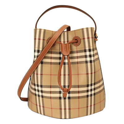 BURBERRY Check 經典格紋皮革邊拉束兩用水桶包(卡其x棕木)中款