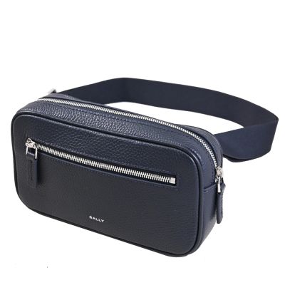 BALLY YORK POUCH 經典燙印LOGO荔枝牛皮腰包/胸口包(深藍)