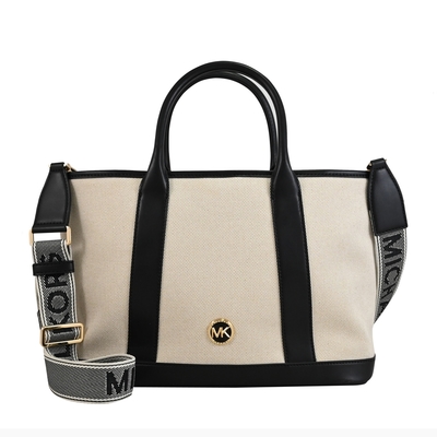 MICHAEL KORS LUISA 金屬LOGO皮革帆布手提斜背兩用包(黑邊)