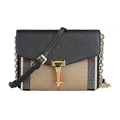 BURBERRY Baby Macken雕刻字母LOGO直線條紋設計帆布拼小牛皮翻蓋肩背斜背包(黑x棕)