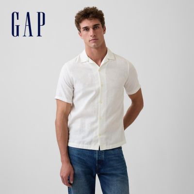 【GAP】標準版型亞麻混紡度假襯衫-新款米白/藍格紋(869532)
