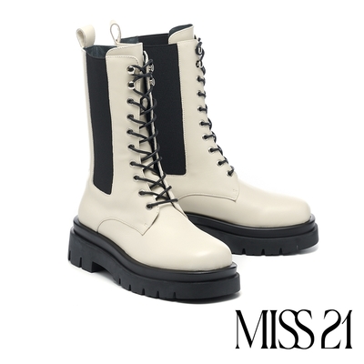 中筒靴 MISS 21 率性復古少女牛皮切爾西綁帶厚底中筒靴-米白