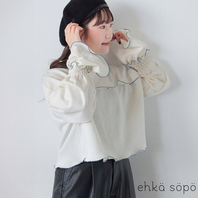 【ehka sopo】甜美荷葉捲邊糖果袖短版上衣