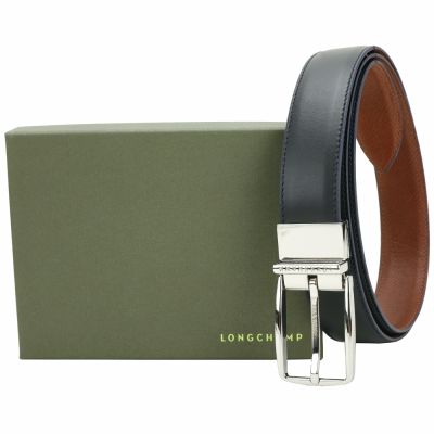 LONGCHAMP 雙面兩用壓紋牛皮字母銀框腰帶(30mm/深藍x棕)