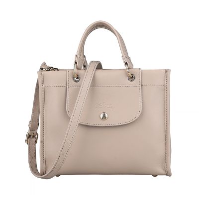 LONGCHAMP 梅蒂斯羊皮CABAS系列經典LOGO吸釦式手提斜背方包(小/黏土灰)