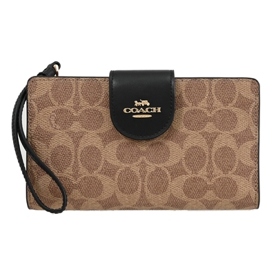COACH 金屬LOGO印花拼接撞色手掛對開扣式長夾(駝/黑)