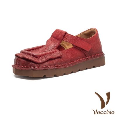 VECCHIO 真皮休閒鞋/全真皮頭層牛皮復古寬楦小方頭魔鬼粘舒適休閒鞋 紅