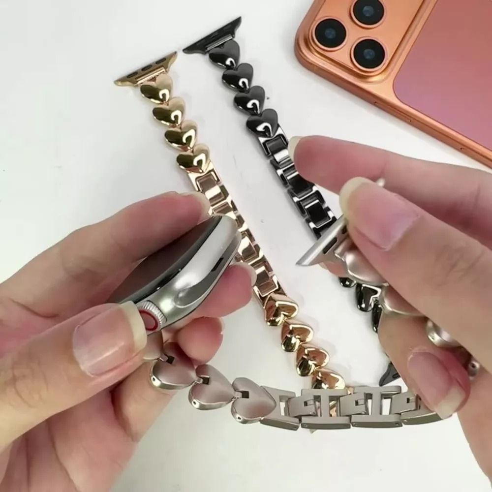 PhoneMo  Apple Watch 立體愛心不鏽鋼金屬卡扣錶帶 S12/S11/S10/S9/SE3 時尚手鍊替換帶 (玟瑰金)