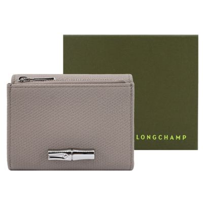 LONGCHAMP LE ROSEAU系列金屬竹節粒面牛皮三折短夾(泥褐)