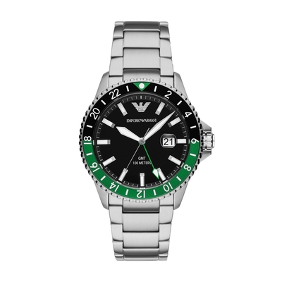 EMPORIO ARMANI 亞曼尼GMT時尚腕錶-銀X黑綠-AR11589-42mm