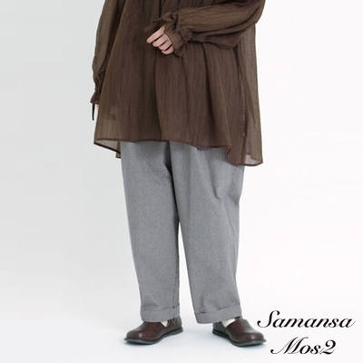 Samansa Mos2 腰際鬆緊純棉反摺褲管剪裁長褲