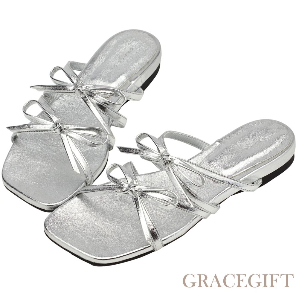 【Grace Gift】韓系雙蝴蝶結細帶平底拖鞋 銀