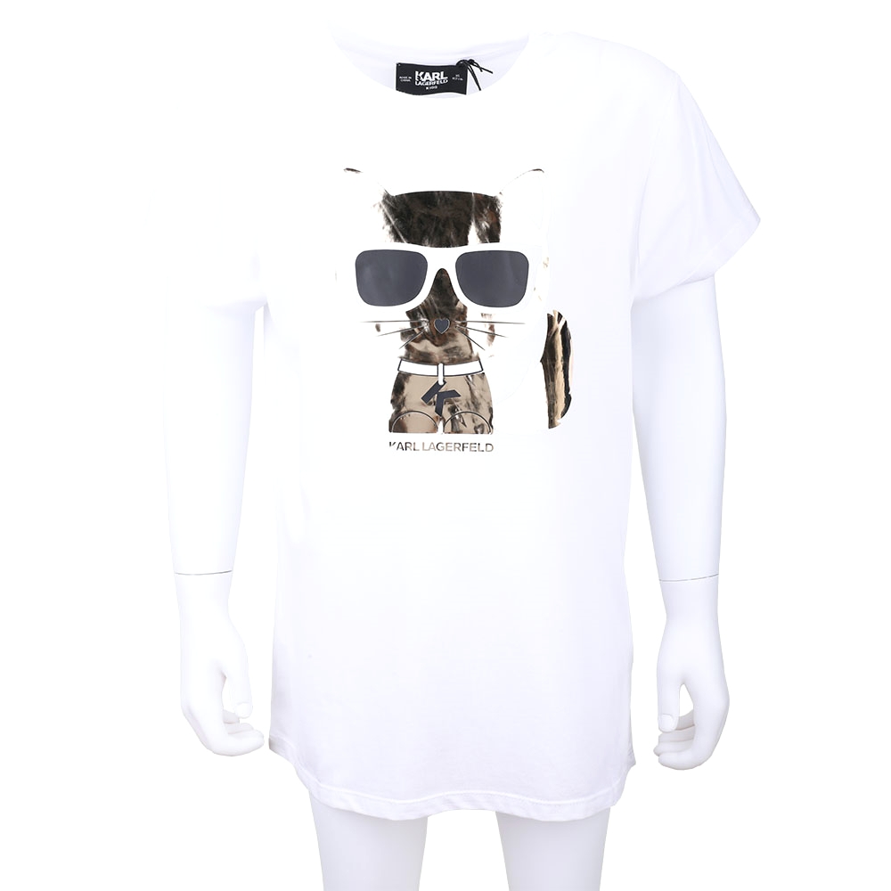 KARL LAGERFELD 童裝 金屬感鏡面貓咪莫代爾彈性棉白色短袖TEE T恤