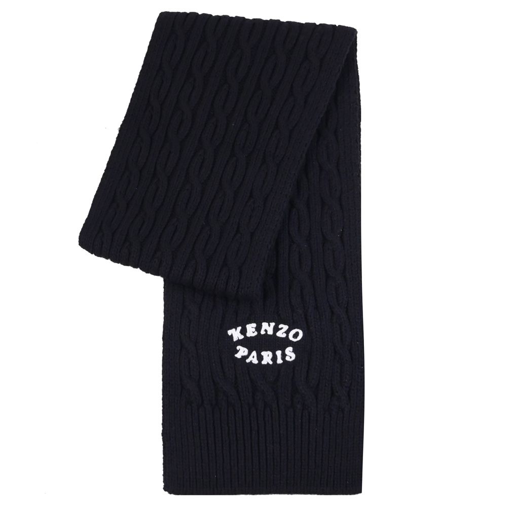 KENZO 經典刺繡LOGO麻花編羊毛混紡長圍巾(黑)