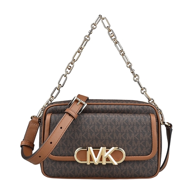MK MICHAEL KORS PARKER金字LOGO印花PVC飾牛皮邊拉鍊鏈帶肩背斜背包(中/深褐x橡子棕)