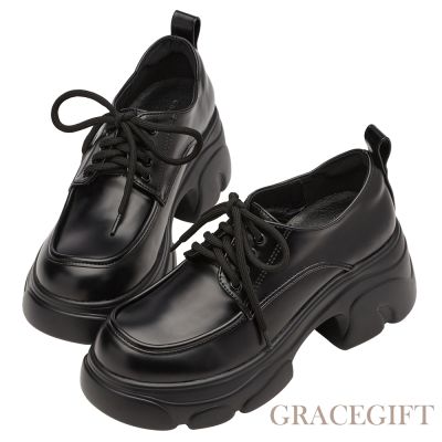 【Grace Gift】休閒紳士輕量運動厚底牛津鞋 黑漆