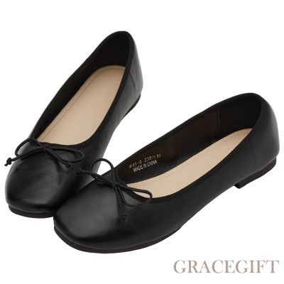 【Grace Gift】法式經典蝴蝶結芭蕾舞平底娃娃鞋 黑