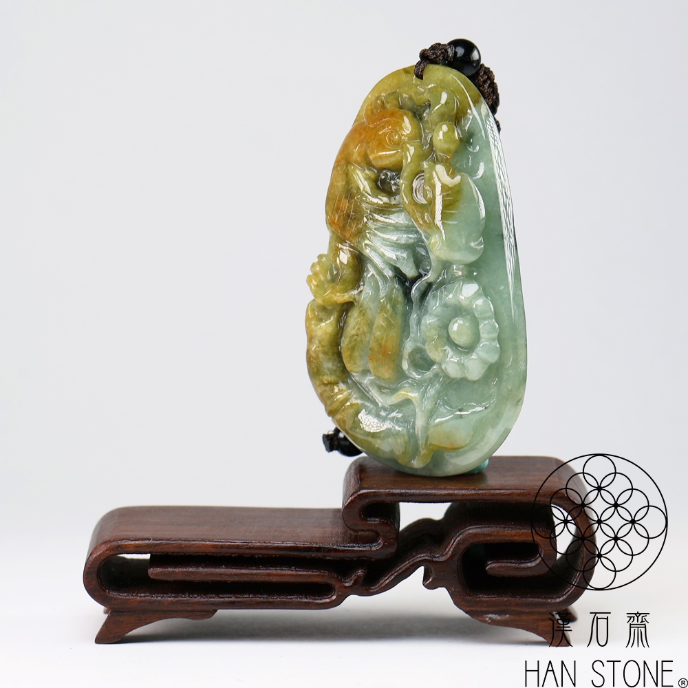 漢石齋】天然翡翠A貨繁花喜鵲玉佩吊墜飄花種帶紅黃翡(41*66*12mm) | 漢
