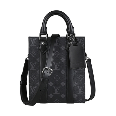 LOUIS VUITTON路易威登 LV M46453 Sac Plat Mini 吊牌壓印LOGO Monogram Eclipse帆布搭牛皮手提斜背包(迷你/炭灰x黑)