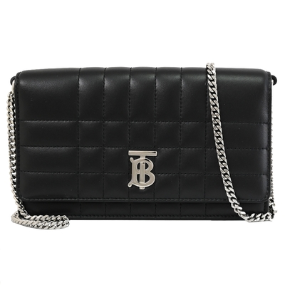 BURBERRY Lola 金屬LOGO格紋車線小羊皮翻蓋斜背鍊包(黑/銀)