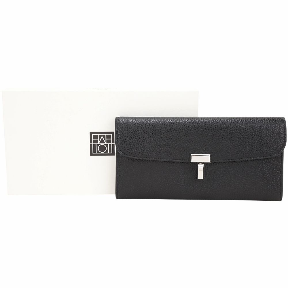 TOTEME T-Lock T型鎖釦 鵝卵石紋牛皮翻蓋長夾(黑色)