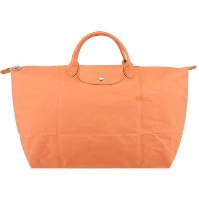 LONGCHAMP LE PLIAGE GREEN系列刺繡短把再生尼龍摺疊旅行袋(大/橙)