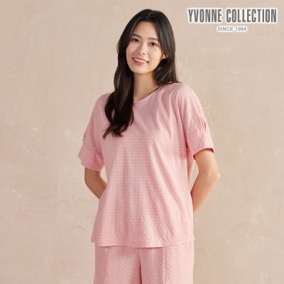 YVONNE 以旺傢飾 點點提花落肩短袖上衣-薔薇粉