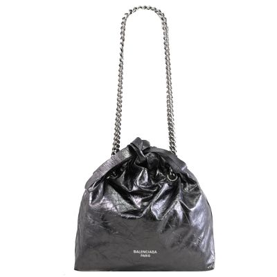 BALENCIAGA巴黎世家 BALENCIAGA CRUSH TOTE 品牌燙印LOGO揉製牛皮托特/鍊包(灰銀 S)