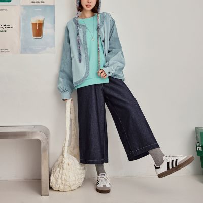 OB嚴選-純棉撞色車線調節釦八分牛仔寬褲《BA7932-》