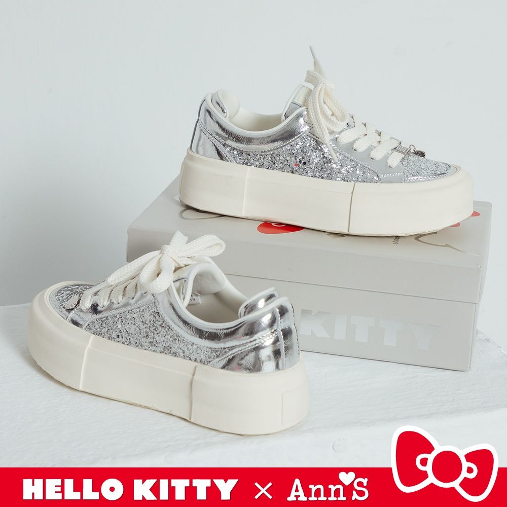 Ann’S X Sanrio三麗鷗 HELLO KITTY 聯名 一閃一閃亮晶晶亮片碎石厚底休閒鞋4cm-銀