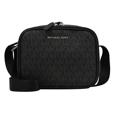 MICHAEL KORS COOPER 滿版印花LOGO雙層拉鍊斜背小包(黑)
