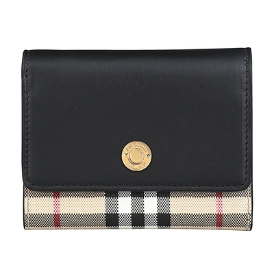 BURBERRY 巴寶莉 LANCASTER金屬LOGO小牛皮拼接格紋PVC釦式6卡短夾(黑x典藏米)
