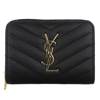 YSL Saint Laurent聖羅蘭 YSL MONOGRAM 黑色V型縫線珍珠紋牛皮金字拉鍊短夾