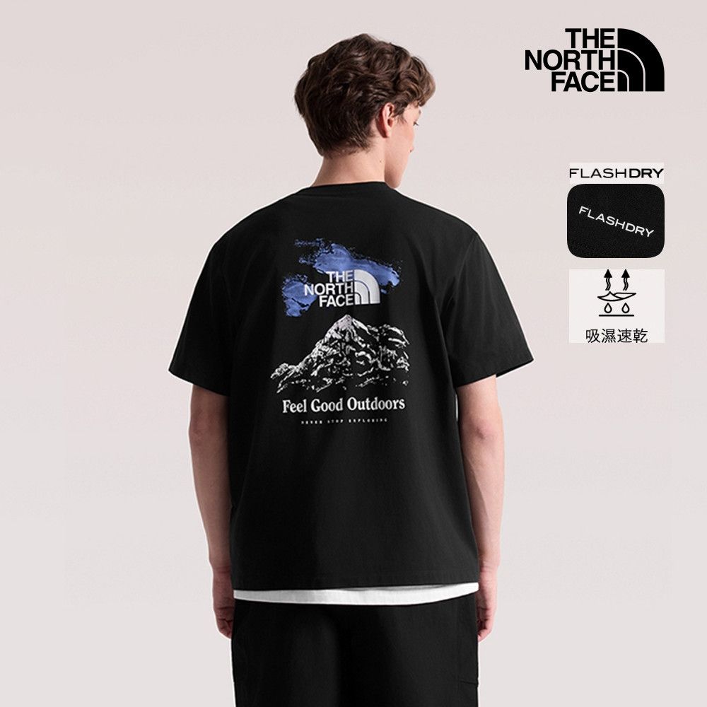 【The North Face 官方旗艦】北面男女款黑色FLASHDRY速乾戶外印花短袖T恤｜8M7AHE9
