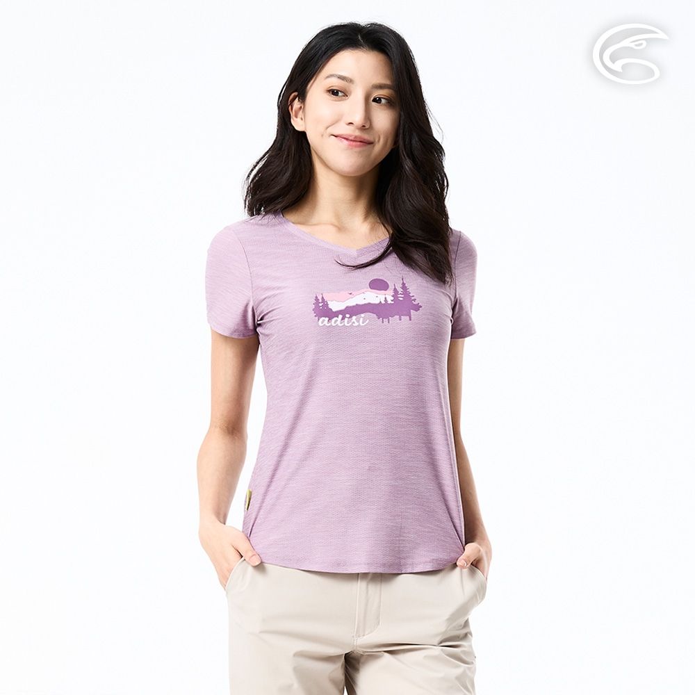 ADISI 女浪花洞洞短袖桃領透氣圖T AL2611032 酒紅紫 (M-3XL)｜透氣 吸濕排汗 快乾 輕量 彈性 排汗衣