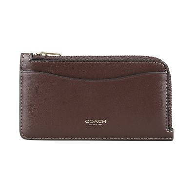 COACH經典燙金LOGO小牛皮NEW YORK拉鍊卡片夾零錢包(5卡/楓木棕)