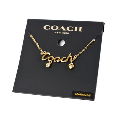 COACH 草寫COACH愛心/晶鑽墜飾鎖骨鍊-金色