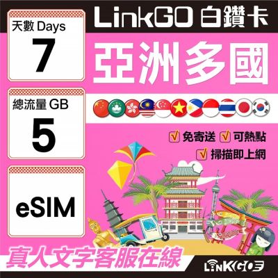 LINKGO白鑽卡 亞洲多國 eSIM卡 7天上網絡卡 總流量5GB 高速流量(亞洲11國網卡 日韓中澳泰越新馬印柬菲 虛擬卡)