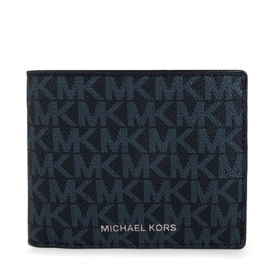 MICHAEL KORS Cooper 燙銀Logo防刮滿版MK雙鈔票層含零錢袋對開式短夾(深藍色)