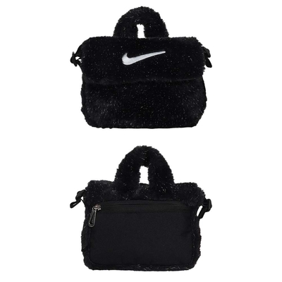 NIKE 兒童毛絨斜背包-1L-肩背包 旅行包 FZ1329-010 黑銀白