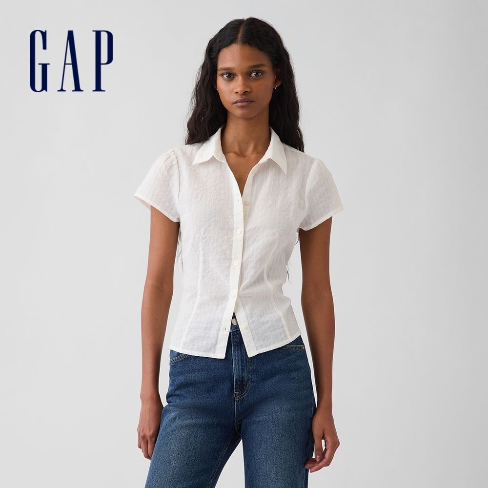【GAP】貼身短袖襯衫-米白(910043) (米白)