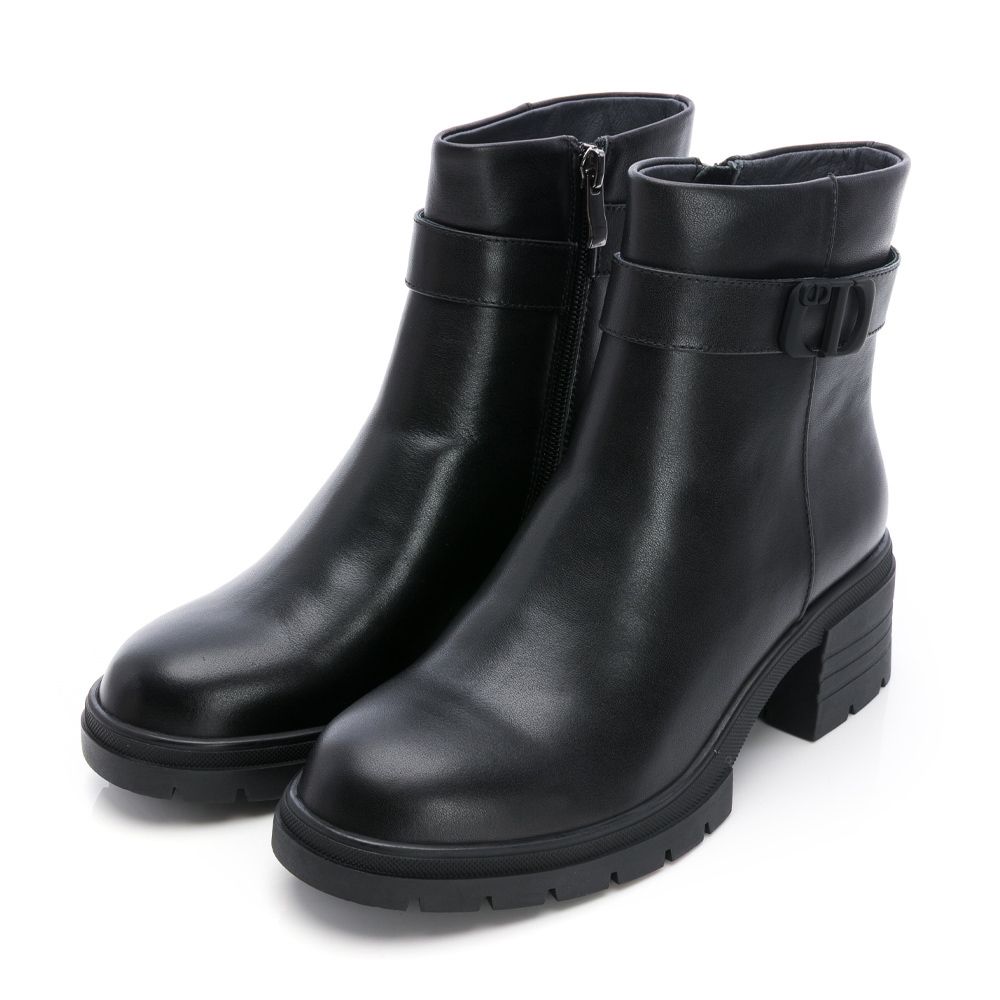 viina真皮個性方釦厚底短靴－黑 (viina)