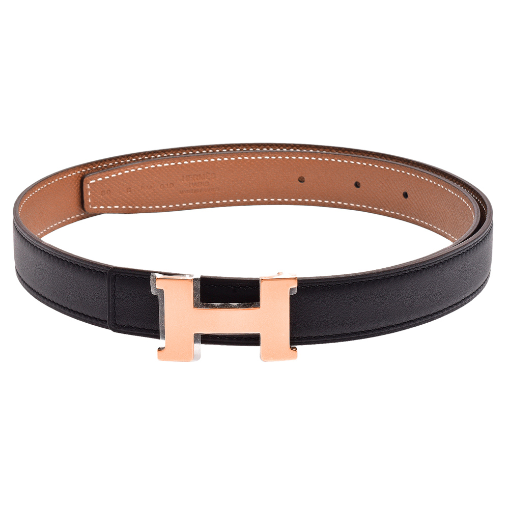 HERMES Mini玫瑰金H LOGO雙面兩穿小牛皮女用腰帶/皮帶(黑X棕) | 精品服飾/鞋子| Yahoo購物中心