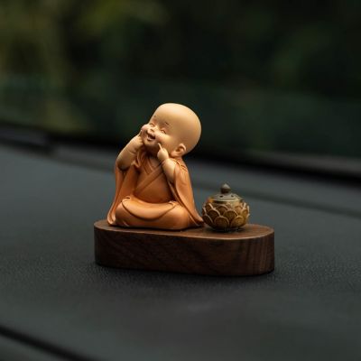 小和尚蓮花香爐車載擺件 治癒系辦公室可愛擺件 家居客廳裝飾品
