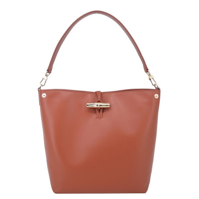 LONGCHAMP LE ROSEAU系列金屬竹節滑面小牛皮半月形單肩包(中/樹皮紅)