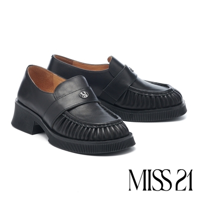 厚底鞋 MISS 21 未來質感抓皺LOGO全真皮大頭樂福厚底鞋-黑