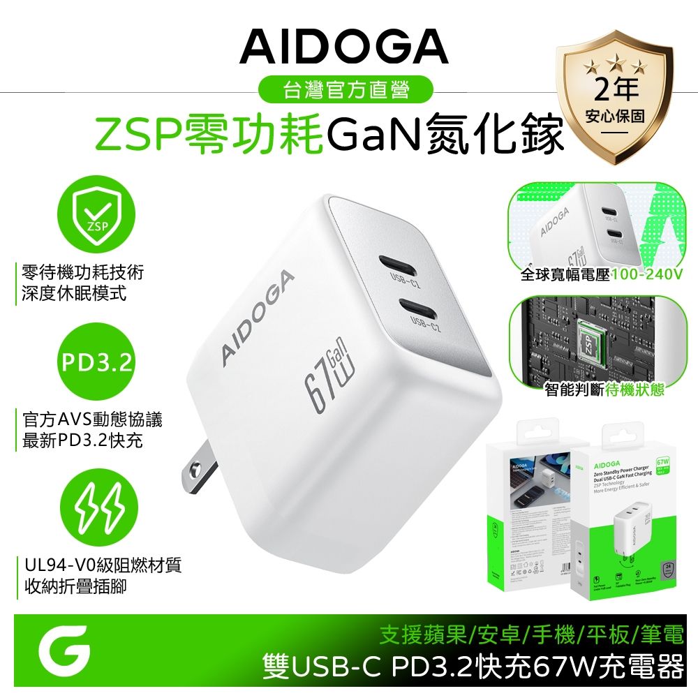 AIDOGA ZSP待機零功耗 67W 雙孔 Type-C/PD3.2快充氮化鎵充電器 QC5 AVS 支援蘋果/安卓/手機/平板/筆電