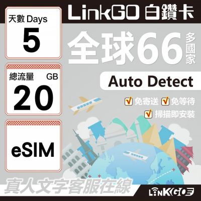 LINKGO白鑽卡 全球66國 eSIM卡 5天上網絡卡 總流量20GB(全球網絡卡 亞洲 歐洲 美洲 大洋洲 非洲)
